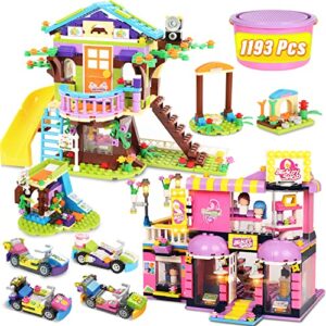 friends tree house hair salon building kit, treehouse hairdressing building blocks sets with storage box, creative learning roleplay christmas birthday gift for girls 6-12 years (1193 pieces)
