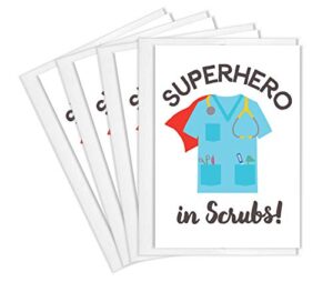 tiny expressions - super hero in scrubs card set for nurses, doctors, emts and medical staff with envelopes | full color inside and outside medical appreciation cards (4 super hero thank you cards)