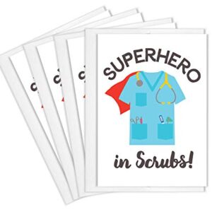 Tiny Expressions - Super Hero in Scrubs Card Set for Nurses, Doctors, EMTs and Medical Staff with Envelopes | Full Color Inside and Outside Medical Appreciation Cards (4 Super Hero Thank You Cards)