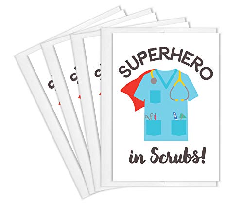 Tiny Expressions - Super Hero in Scrubs Card Set for Nurses, Doctors, EMTs and Medical Staff with Envelopes | Full Color Inside and Outside Medical Appreciation Cards (4 Super Hero Thank You Cards)