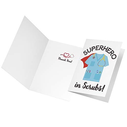 Tiny Expressions - Super Hero in Scrubs Card Set for Nurses, Doctors, EMTs and Medical Staff with Envelopes | Full Color Inside and Outside Medical Appreciation Cards (4 Super Hero Thank You Cards)