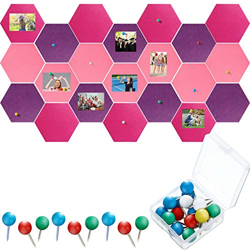 21 Pieces Pin Board Hexagon Felt Board Tiles Bulletin Board Memo Board Notice Board with 40 Pieces Push Pins for Home Office Classroom Wall Decor 5.9 x 7 Inches/ 15 x 17.7 cm (Rose Red, Purple, Pink)