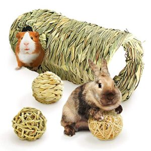 meric hideaway seagrass tunnel with balls, 3 fun ball textures, perfect for guinea pig, degu, and more, 3 entrances makes this ideal for multiple pets, 2 balls have soft jingly bells