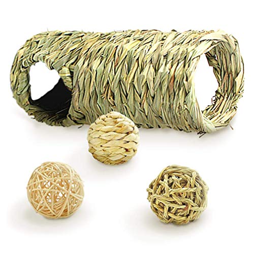 Meric Hideaway Seagrass Tunnel with Balls, 3 Fun Ball Textures, Perfect for Guinea Pig, Degu, and More, 3 Entrances Makes This Ideal for Multiple Pets, 2 Balls Have Soft Jingly Bells