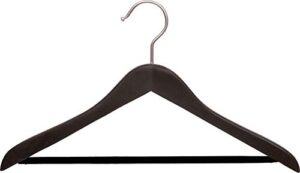 espresso finish wood suit hanger with velvet flocked bar in 17" length x 5/8" thick with concave body and matte nickel hardware, box of 24