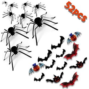 halloween 3d bat decoration stickers spider decals for wall window 52 pcs party ornaments, scary home decor diy set suitable for indoor outdoor room waterproof bathroom supplies realistic craft cling