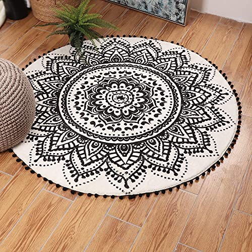 LIVEBOX Boho Area Rug 4ft Black and Cream Mandala Round Bedroom Rug with Chic Pom Pom Fringe Non-Slip Machine Washable Ultra Soft Indoor Sofa Floor Mat for Living Room Playroom Kids Room