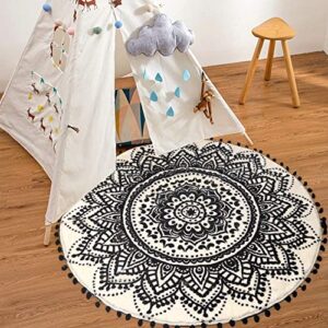 LIVEBOX Boho Area Rug 4ft Black and Cream Mandala Round Bedroom Rug with Chic Pom Pom Fringe Non-Slip Machine Washable Ultra Soft Indoor Sofa Floor Mat for Living Room Playroom Kids Room