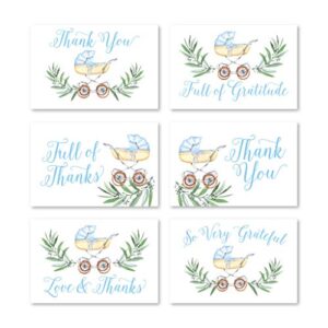 24 blue carriage baby shower thank you cards with envelopes, boy sprinkle thank-you note, 4x6 gratitude card gift for guest pack, gender reveal diy so grateful greenery vintage varied event stationery