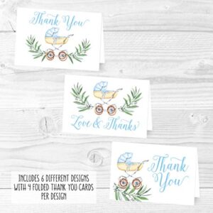 24 Blue Carriage Baby Shower Thank You Cards With Envelopes, Boy Sprinkle Thank-You Note, 4x6 Gratitude Card Gift For Guest Pack, Gender Reveal DIY So Grateful Greenery Vintage Varied Event Stationery