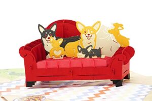 happy corgi family - 3d pop up greeting card for all occasions - love, birthday, christmas, good luck, father's day, mother's day - message note for personalized - thick envelope, fold flat