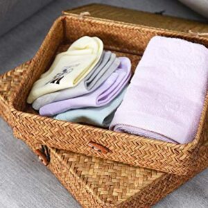 Seagrass Storage Basket Box with Lid Rectangular Woven Shelf Baskets Bins for Organize Snack Toys Set of 2 Natural Decorative(Large+Small)