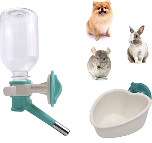 Choco Nose Patented No-Drip Water Bottle/Feeder and Detachable Food Dish Set for Puppies/Toy Breed Dogs/Rabbits/Cats/Chinchillas and Other Small Pets and Animals 300ML. Nozzle 13mm, Aqua(C528 C607)