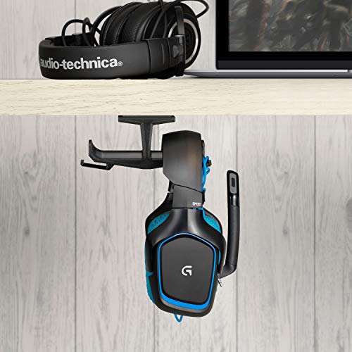 BRAINWAVZ UltraT Large Under Desk Headphone Stand Mount Holder, for Gaming, Music, Mobile Headsets Hanger, No Screws, Cable Hook (Black)