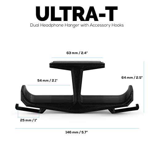 BRAINWAVZ UltraT Large Under Desk Headphone Stand Mount Holder, for Gaming, Music, Mobile Headsets Hanger, No Screws, Cable Hook (Black)