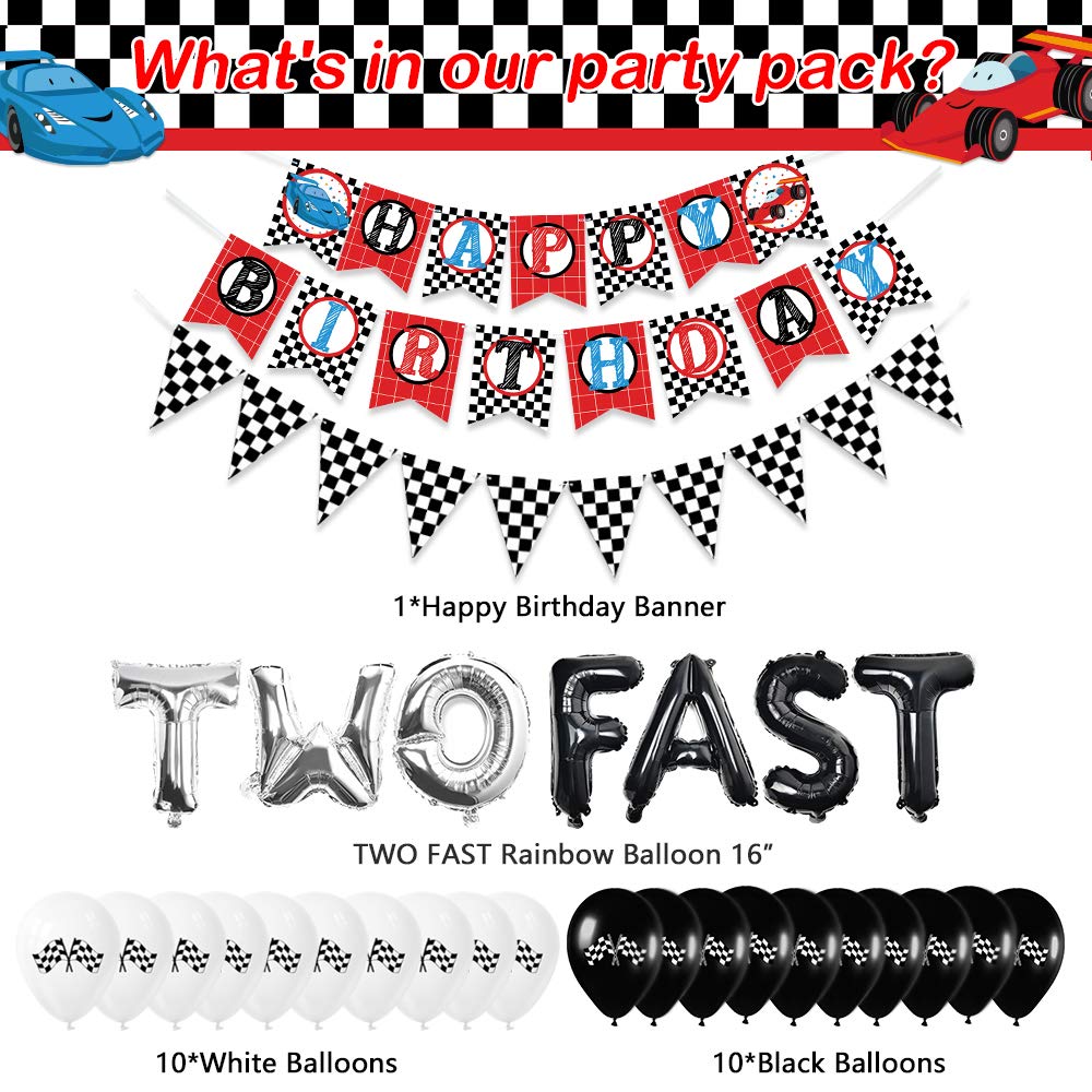 WERNNSAI Two Fast 2nd Birthday Party Supplies - Racing Car Theme Party Decorations for Boy Race Fans Including Happy Birthday Banner, ‘Two Fast’ Black Silver Mylar Foil Balloon, Latex Confetti Balloon