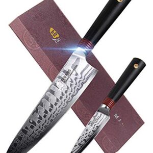 TUO Damascus Kitchen Knife Set, 8" Chef Knife and 3.5" Peeling Paring Knife, Japanese AUS-10 High Carbon Steel, Full Tang Military Grade G10 Handle, Dishwasher Safe Ring-D Series, 2-Piece