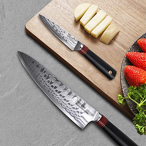 TUO Damascus Kitchen Knife Set, 8" Chef Knife and 3.5" Peeling Paring Knife, Japanese AUS-10 High Carbon Steel, Full Tang Military Grade G10 Handle, Dishwasher Safe Ring-D Series, 2-Piece