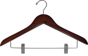 petite walnut wooden combo skirt hanger with clips in 15" length x 7/16" thick & chrome hardware, box of 50