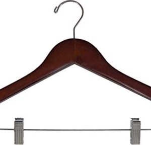 Petite Walnut Wooden Combo Skirt Hanger with Clips in 15" Length X 7/16" Thick & Chrome Hardware, Box of 50