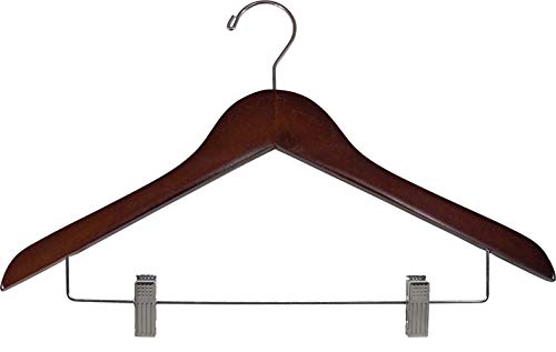 Petite Walnut Wooden Combo Skirt Hanger with Clips in 15" Length X 7/16" Thick & Chrome Hardware, Box of 50