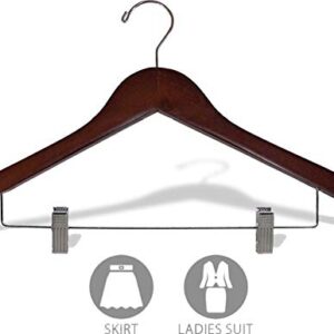 Petite Walnut Wooden Combo Skirt Hanger with Clips in 15" Length X 7/16" Thick & Chrome Hardware, Box of 50