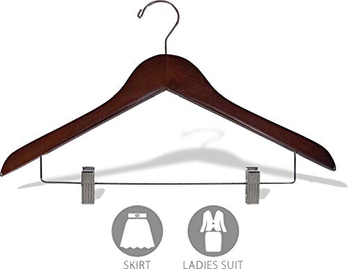 Petite Walnut Wooden Combo Skirt Hanger with Clips in 15" Length X 7/16" Thick & Chrome Hardware, Box of 50