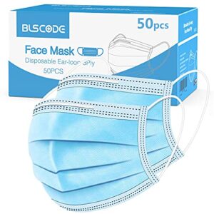 blscode disposable face protective masks, 3-layer facial cover masks with elastic ear loops, comfortable universal design for adults & teenager, suitable for back to school, office, outdoor (pack of 50)