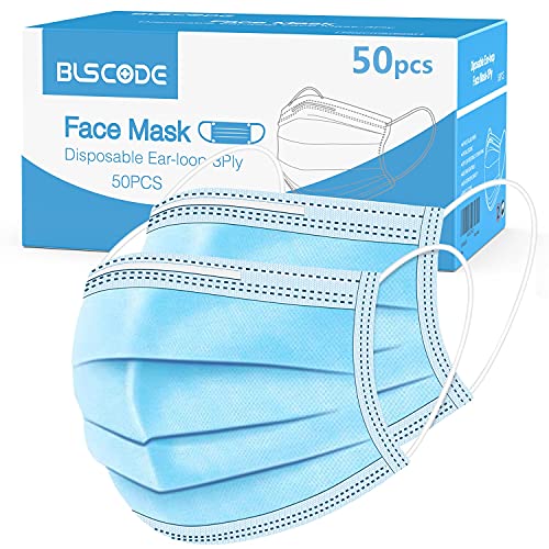 BLScode Disposable Face Protective Masks, 3-Layer Facial Cover Masks with Elastic Ear Loops, Comfortable Universal Design for Adults & Teenager, Suitable for Back to School, Office, Outdoor (Pack of 50)