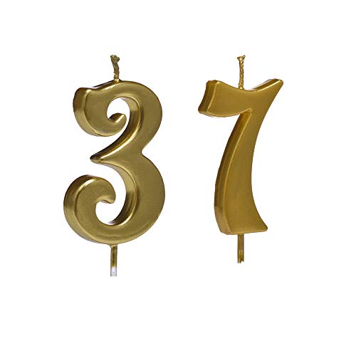 MMJJ Gold 37th Birthday Candles, Number 37 Cake Topper for Birthday Decorations