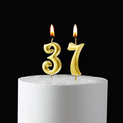 MMJJ Gold 37th Birthday Candles, Number 37 Cake Topper for Birthday Decorations