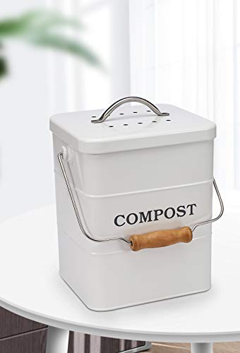 Xbopetda Stainless Steel Compost Bin for Kitchen Countertop,1 Gallon, includes Charcoal Filter,Compost Bucket Kitchen Pail Compost with Lid -White