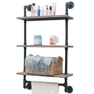 Womio Industrial Pipe Bathroom Shelves Wall Mounted with Towel Bar,19.7in Rustic Wall Decor Farmhouse,3 Tiered Towel Rack Metal Floating Shelves Towel Holder,Wall Shelf Over Toilet