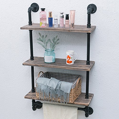 Womio Industrial Pipe Bathroom Shelves Wall Mounted with Towel Bar,19.7in Rustic Wall Decor Farmhouse,3 Tiered Towel Rack Metal Floating Shelves Towel Holder,Wall Shelf Over Toilet