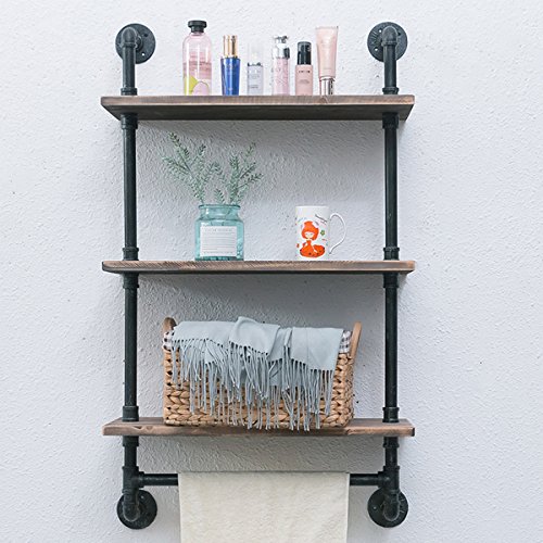 Womio Industrial Pipe Bathroom Shelves Wall Mounted with Towel Bar,19.7in Rustic Wall Decor Farmhouse,3 Tiered Towel Rack Metal Floating Shelves Towel Holder,Wall Shelf Over Toilet