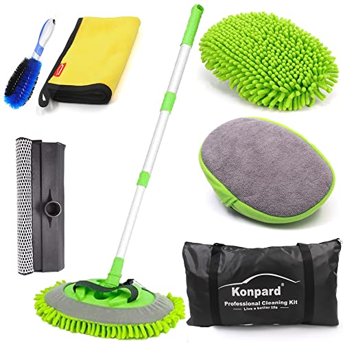 Konpard 7pcs Car Wash Brush Kits with 42.5" Aluminum Alloy Long Handle,Car Wash Kit Auto Care–Exterior and Interior Cleaning–Tire Wheel Brush–Window Squeegee–Window Cleaner Tool-Tool Bag