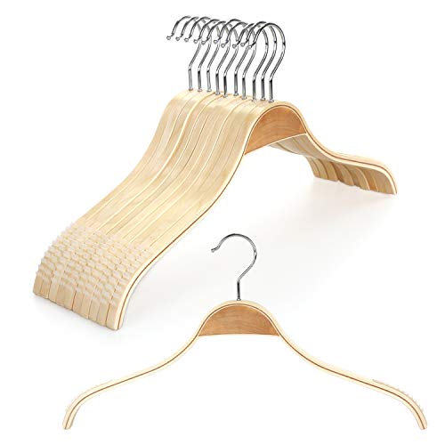 TOPIA HANGER Slim Natural Wood Hangers with Extra Soft Non-Slip Rubber Grips, 10-Pack High-Grade Fashion Hanger No Shoulder Bump for Sweater, Camisole, Jacket, Dress, Coat -CT15N