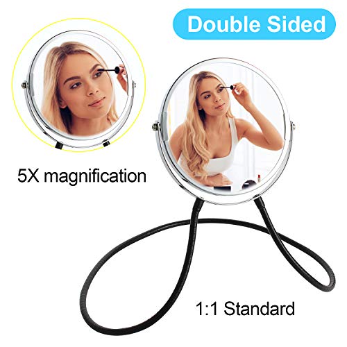 Double Sided Mirror, Standard Viewing and 5X Magnification, Mirror' arm is Flexible to Around The Neck