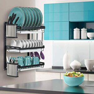 MYOYAY Dish Drying Rack Wall Mounted 3 Tier Hanging Dish Drainer Organizer Storage Shelf Drainer with Drainboard Chopsticks Knife Holder for Kitchen Sink