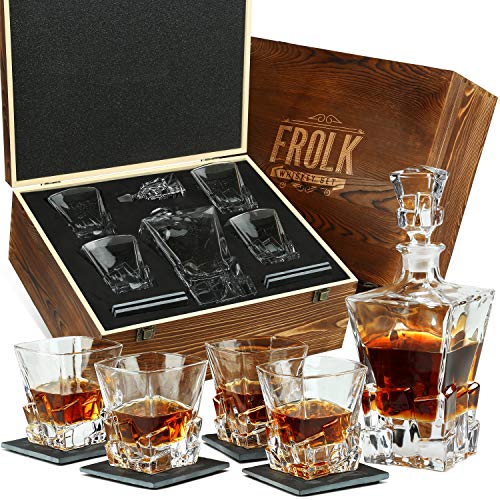 Whiskey Decanter and Glasses Set - Gift for Men, Women, Dad, Father, Brother in Law - 4 XL Rocks Classic Glasses, Rocks Old Fashion Decanter & 4 Coasters - Premium Gift for Him in Original Wooden Box