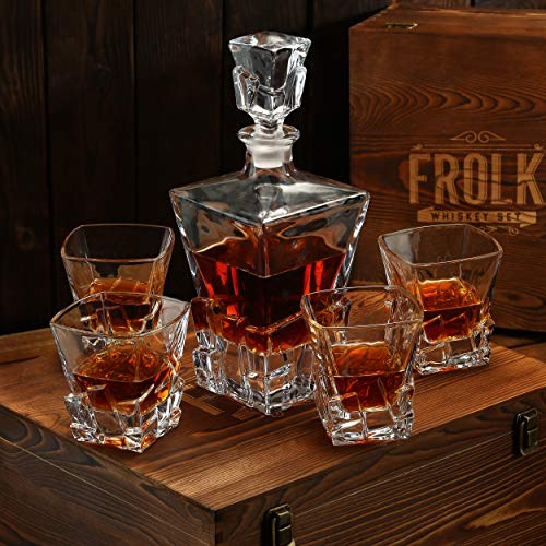 Whiskey Decanter and Glasses Set - Gift for Men, Women, Dad, Father, Brother in Law - 4 XL Rocks Classic Glasses, Rocks Old Fashion Decanter & 4 Coasters - Premium Gift for Him in Original Wooden Box