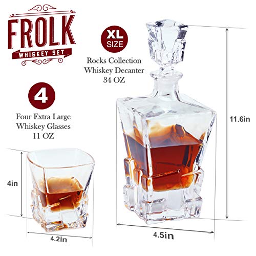 Whiskey Decanter and Glasses Set - Gift for Men, Women, Dad, Father, Brother in Law - 4 XL Rocks Classic Glasses, Rocks Old Fashion Decanter & 4 Coasters - Premium Gift for Him in Original Wooden Box