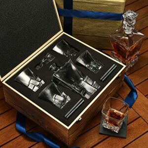 Whiskey Decanter and Glasses Set - Gift for Men, Women, Dad, Father, Brother in Law - 4 XL Rocks Classic Glasses, Rocks Old Fashion Decanter & 4 Coasters - Premium Gift for Him in Original Wooden Box