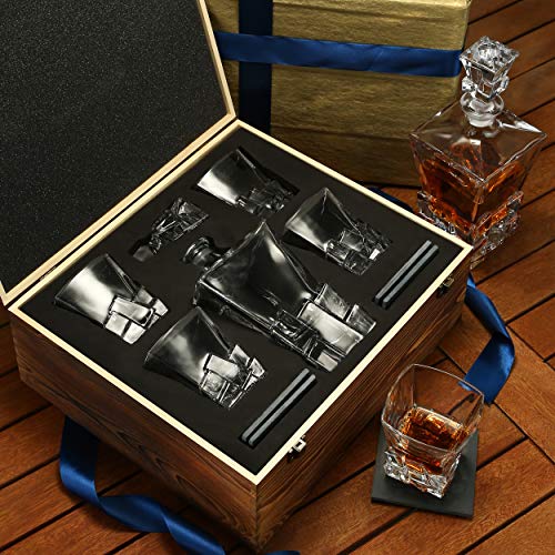 Whiskey Decanter and Glasses Set - Gift for Men, Women, Dad, Father, Brother in Law - 4 XL Rocks Classic Glasses, Rocks Old Fashion Decanter & 4 Coasters - Premium Gift for Him in Original Wooden Box