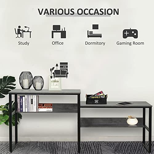 HOMCOM 86.5 Inch Two Person Desk Double Computer Table Writing Desk with Open Shelves Long Storage Workstation for Home Office Black and Grey