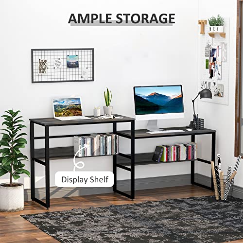 HOMCOM 86.5 Inch Two Person Desk Double Computer Table Writing Desk with Open Shelves Long Storage Workstation for Home Office Black and Grey