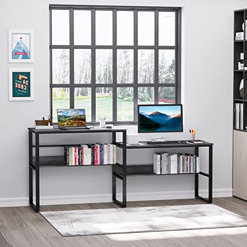 HOMCOM 86.5 Inch Two Person Desk Double Computer Table Writing Desk with Open Shelves Long Storage Workstation for Home Office Black and Grey
