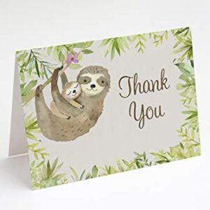 Sloth Baby Shower Thank You Cards Gender Neutral Boy or Girl Watercolor Paper Jungle Safari Folding Thank You Notes Palm Leaves Mommy and Me Safari Hang Out Around Cards Blank Inside (50 Count)