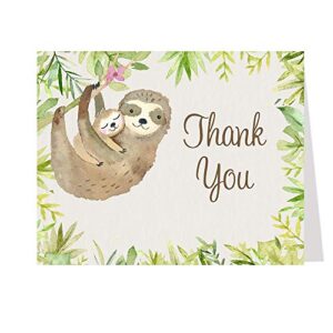 sloth baby shower thank you cards gender neutral boy or girl watercolor paper jungle safari folding thank you notes palm leaves mommy and me safari hang out around cards blank inside (50 count)