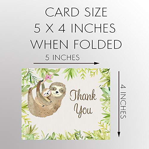 Sloth Baby Shower Thank You Cards Gender Neutral Boy or Girl Watercolor Paper Jungle Safari Folding Thank You Notes Palm Leaves Mommy and Me Safari Hang Out Around Cards Blank Inside (50 Count)